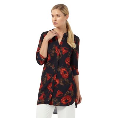 The Collection Navy and dark orange floral print long line shirt